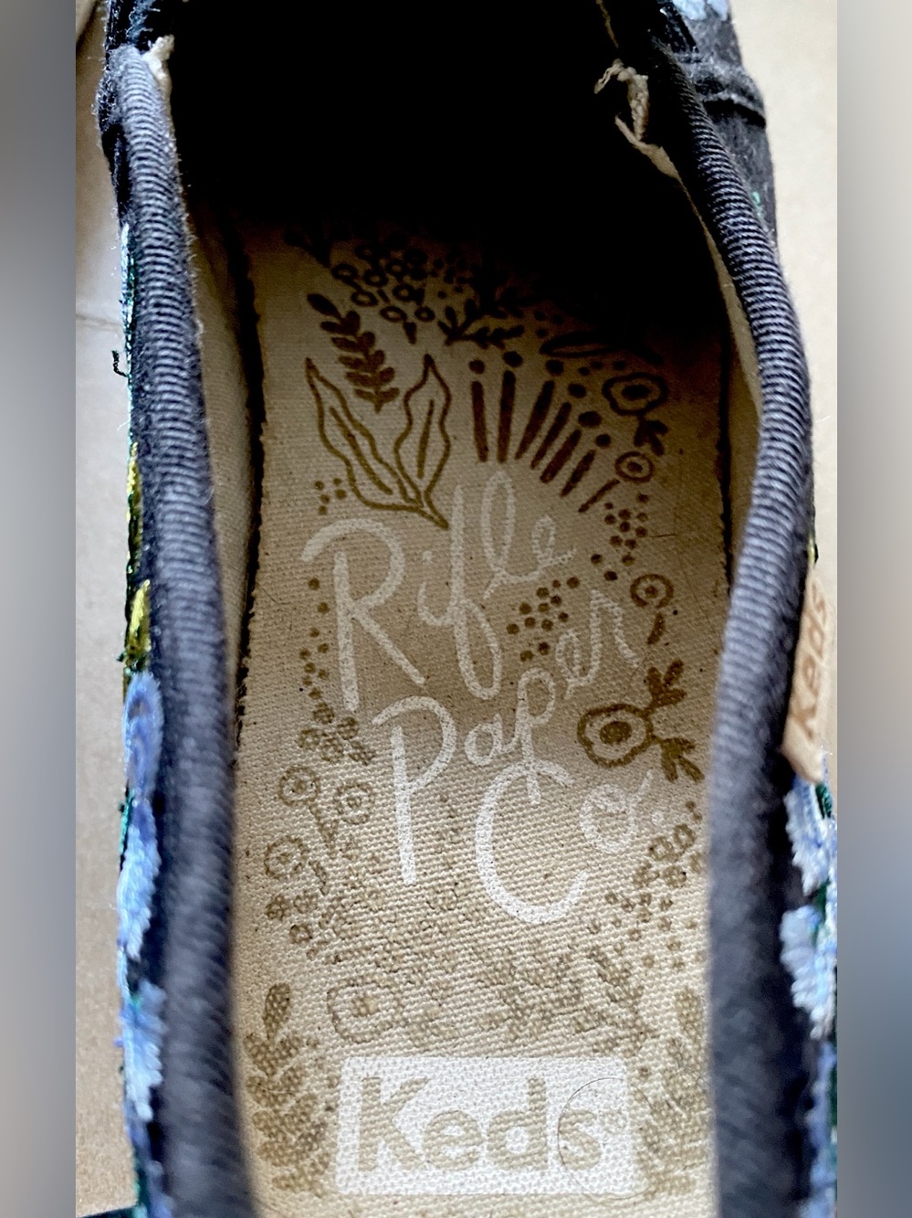 Black KEDS/Rifle Paper Slip On. Size 7 in EUC. Embroidered Florals blue, green - Picture 6 of 10